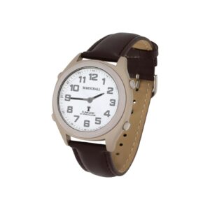 Sprechende Funk-Armbanduhr weiß Damen / Herren Sprachausgabe Lederarmband